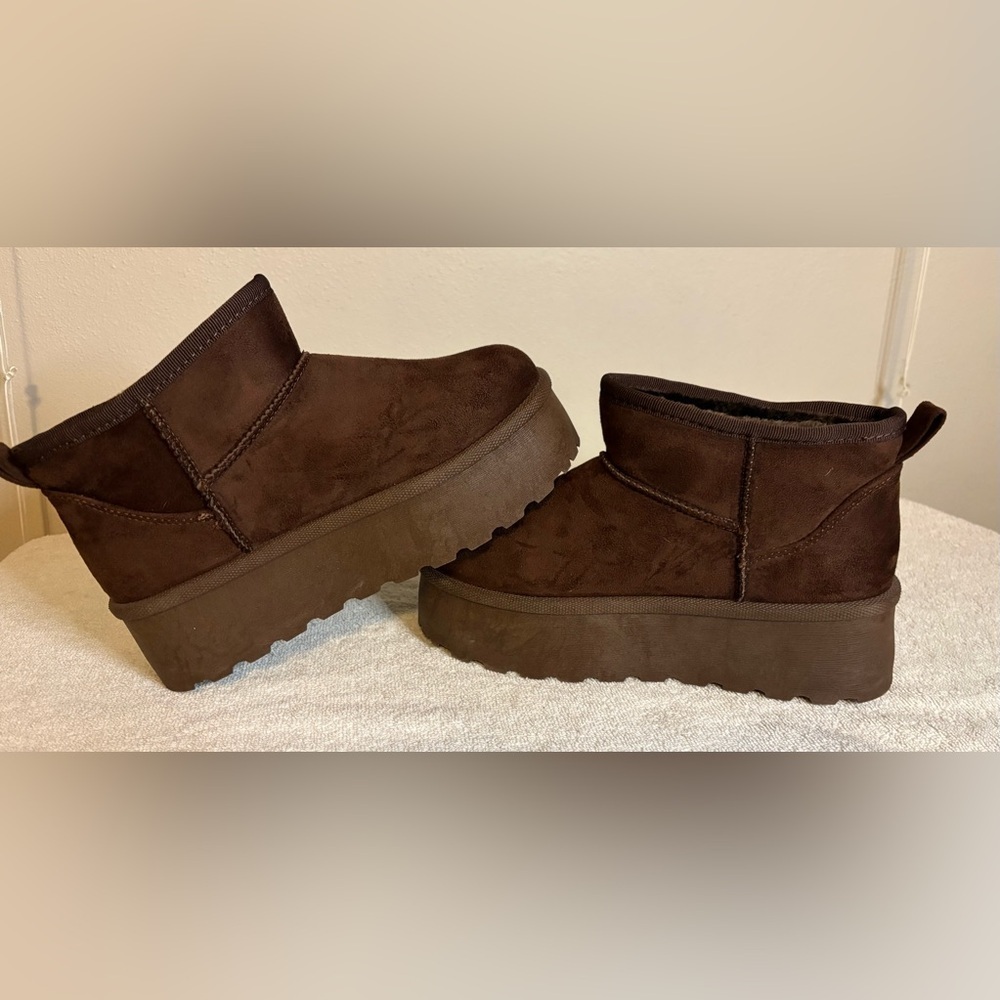 Glaze Women’s Brown Chunky Platform Faux Suede Faux Fur Lined Ankle Boots Sz 5.5 - Picture 3 of 8